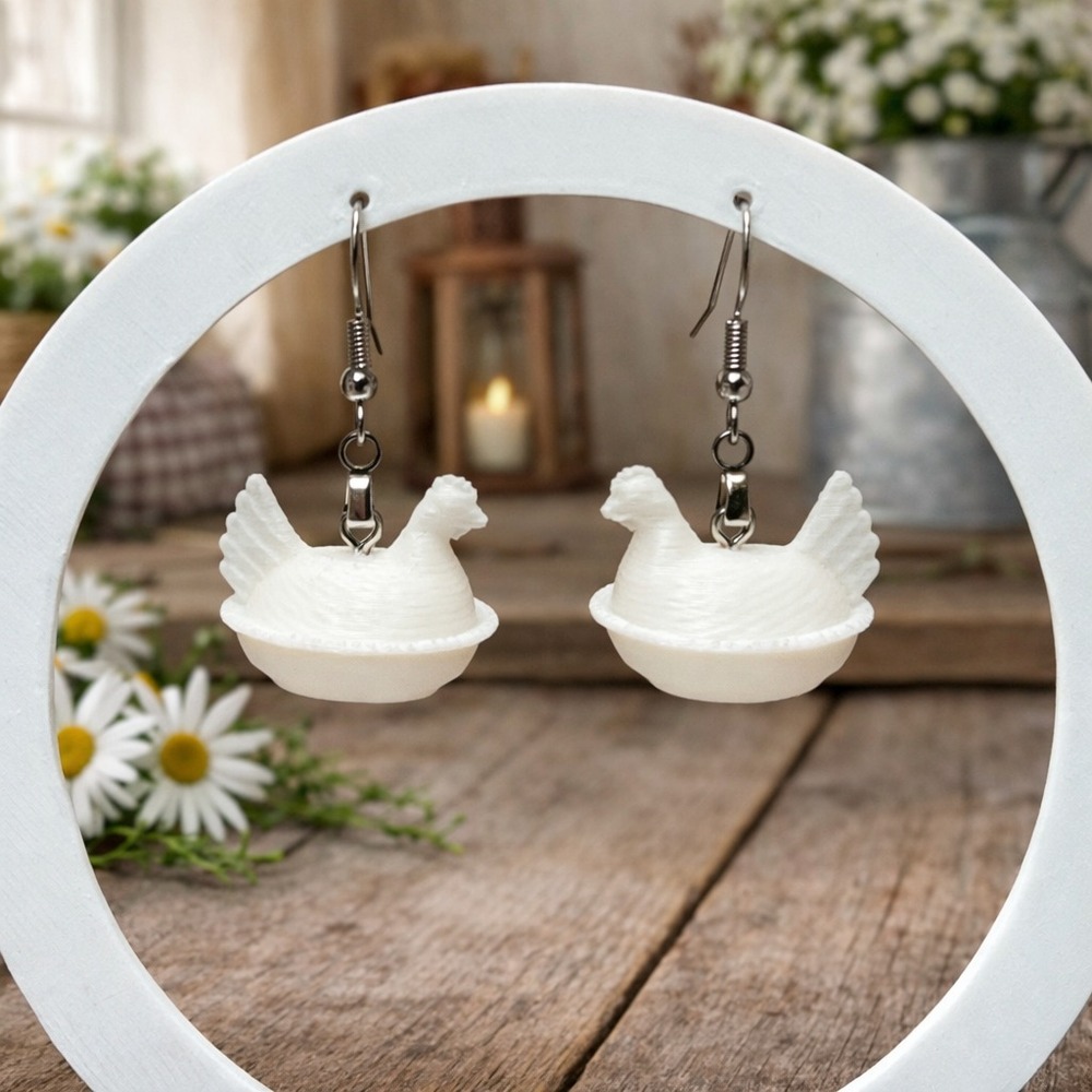 Hen on Nest HON Chicken Earrings Farmhouse Hypoallergenic Milk‎ White Handmade